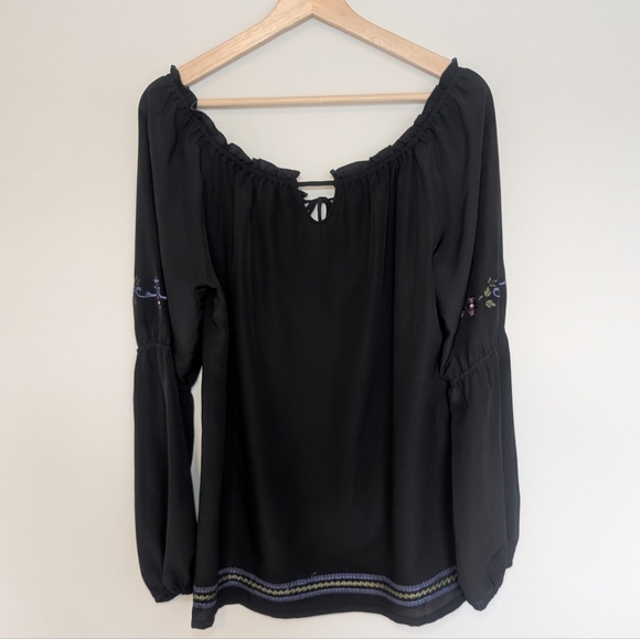 Cache Luxe Chiffon Top Blouse Black Embroidered Sheer Long Sleeve Size Medium - Picture 4 of 9